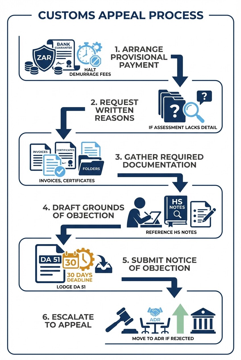 6-step infographic showing the South African customs appeal dispute workflow