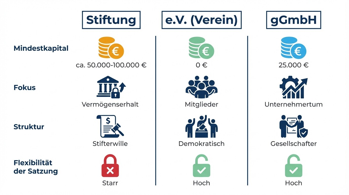 Vergleich der Rechtsformen: Stiftung, Verein und gemeinnützige GmbH (gGmbH)