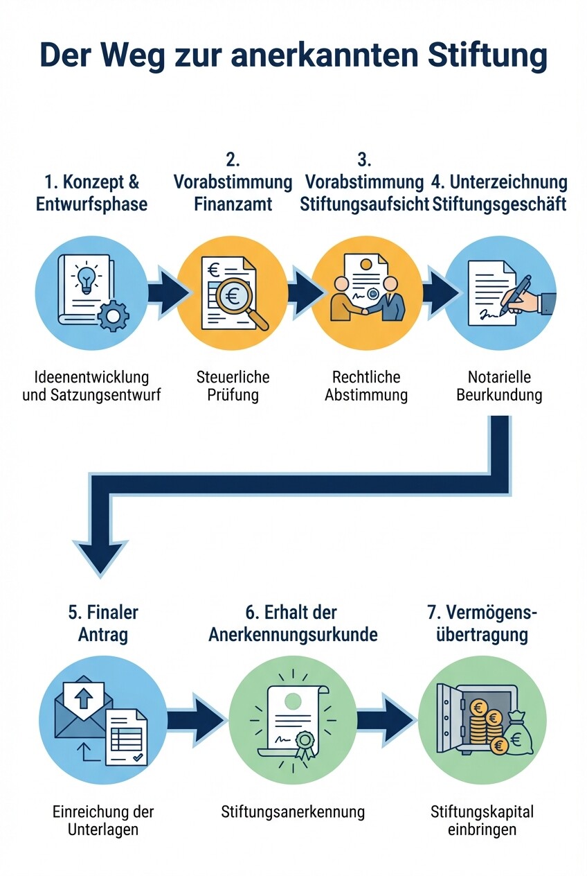Infografik: Die 7 Schritte des Anerkennungsverfahrens bei der Stiftungsgründung