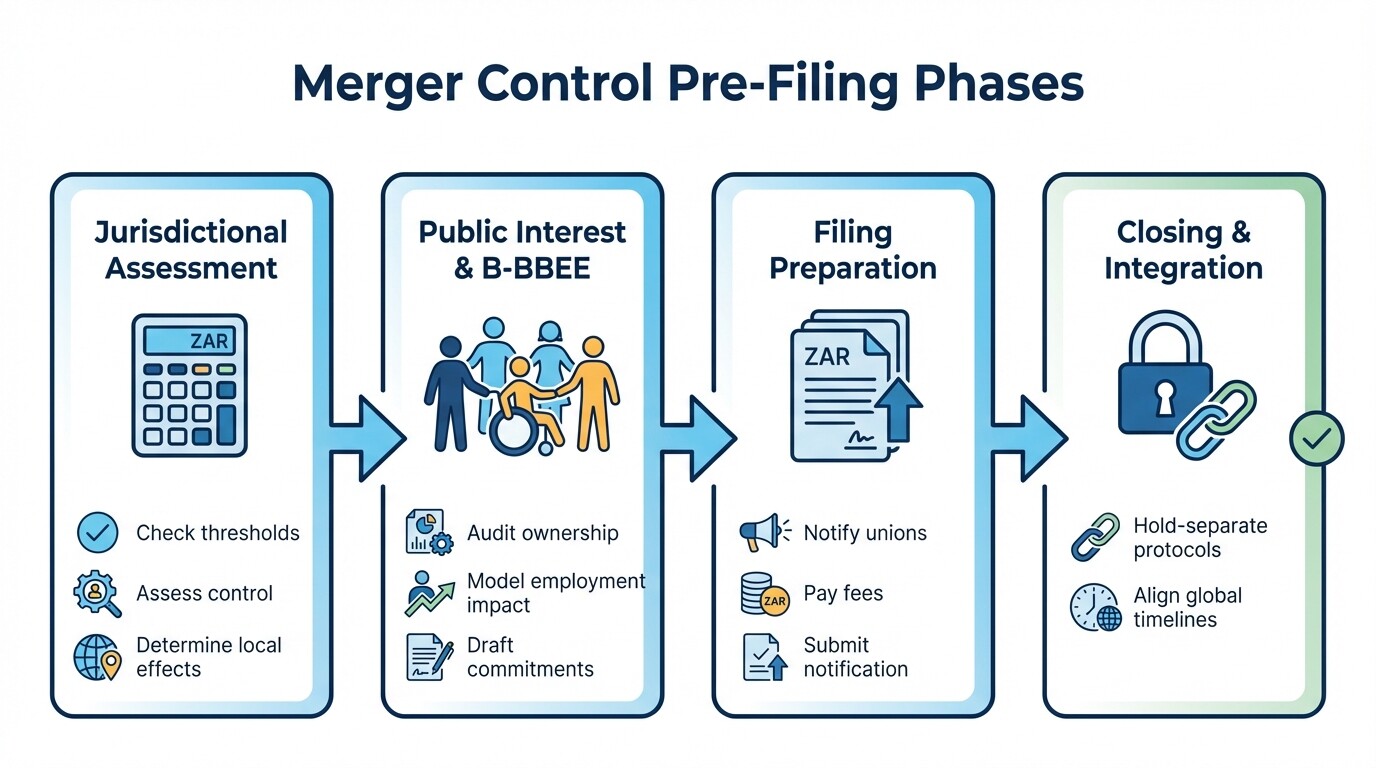 4-step process infographic showing South Africa merger control pre-filing phases