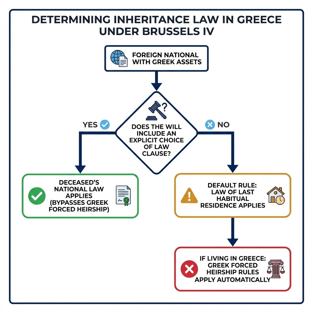 Flowchart showing how Brussels IV determines if Greek forced heirship or national law applies