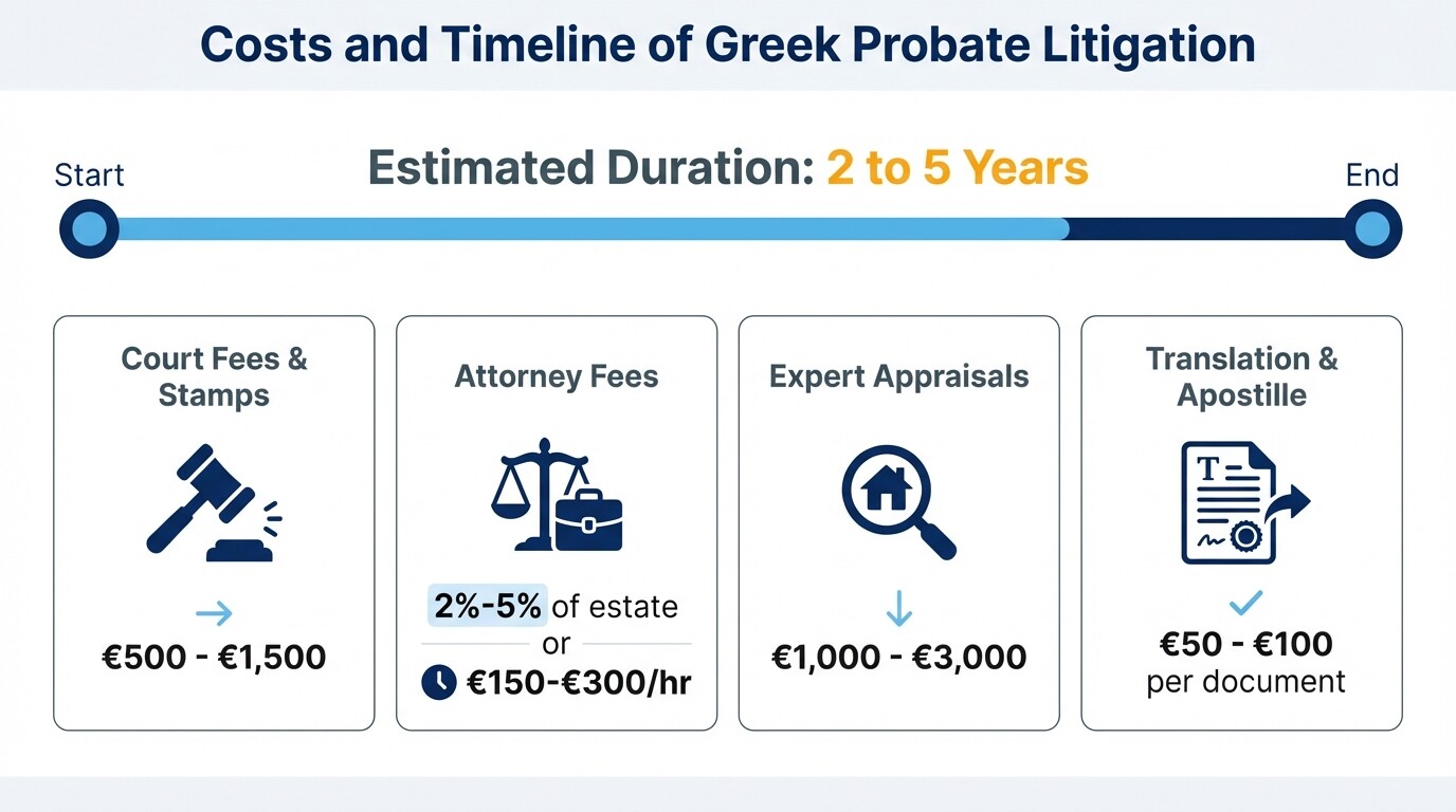 Breakdown of estimated costs, fees, and timelines for litigating probate disputes in Greece
