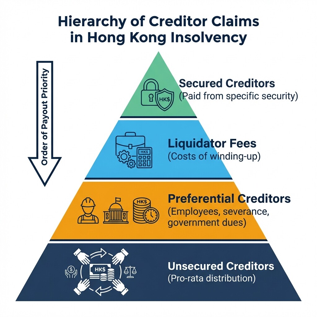 Pyramid diagram showing the priority of creditor claims in Hong Kong liquidations