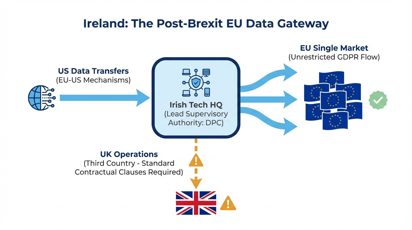 Diagram showing Ireland's role as a regulatory gateway for US-EU data transfers post-Brexit
