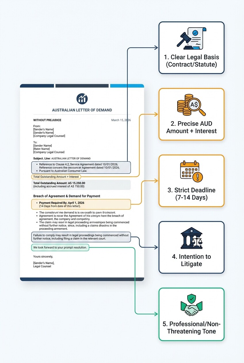 Visual anatomy and checklist for a legally compliant letter of demand in Australia