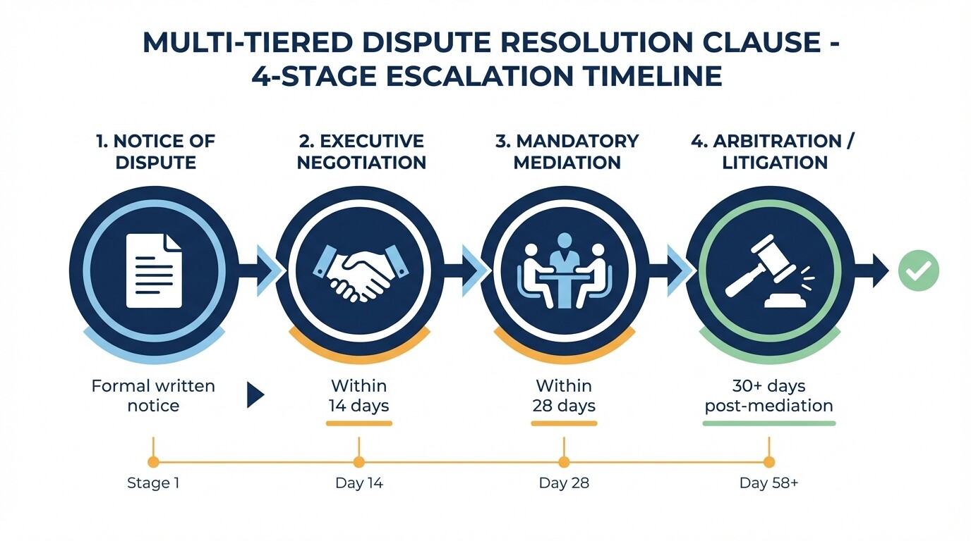 4-step escalation timeline for a multi-tiered dispute resolution clause