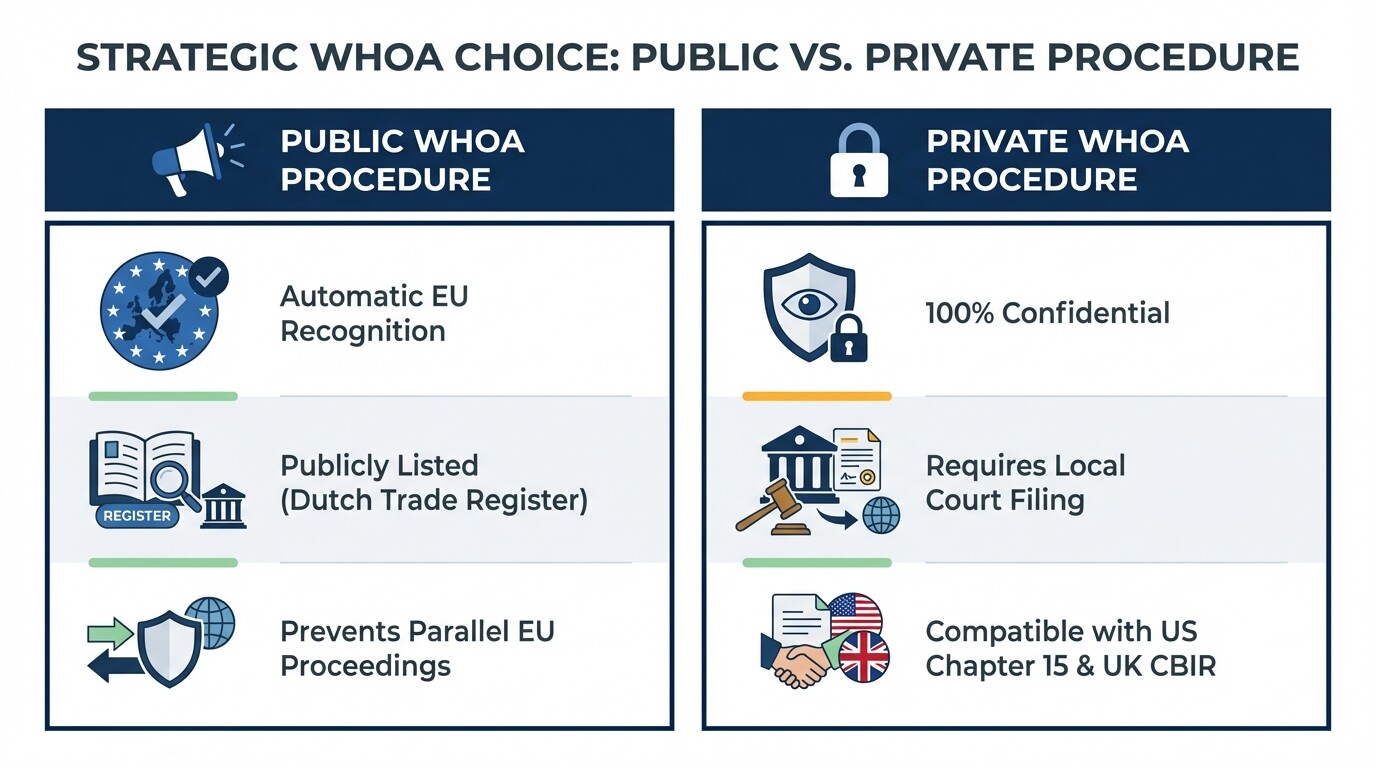 Comparison of Public vs Private WHOA procedures and cross-border recognition