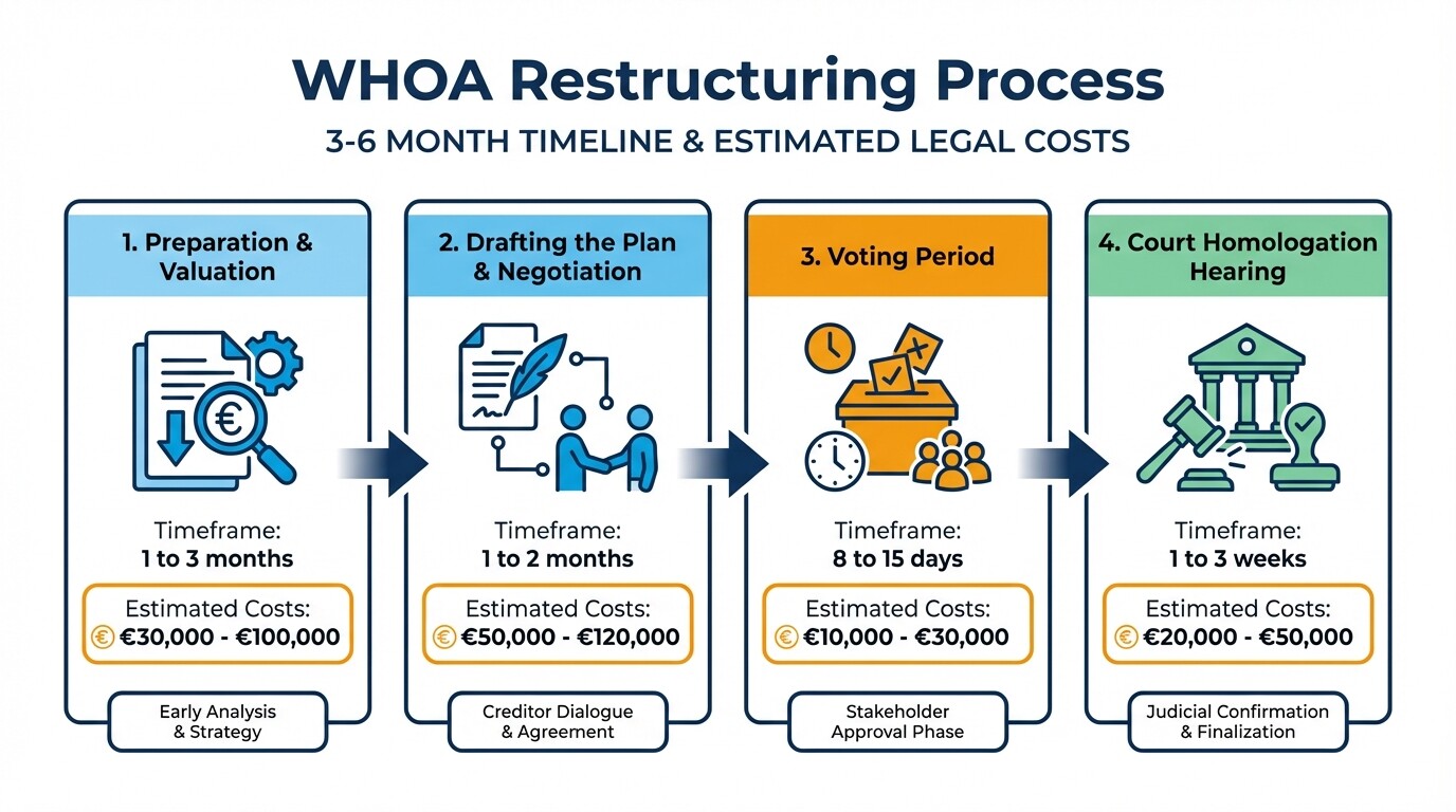 Timeline and legal costs of the 4 phases of a Dutch WHOA restructuring plan