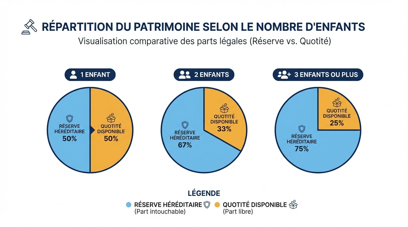 Graphique de répartition de la réserve héréditaire et de la quotité disponible selon le nombre d'enfants