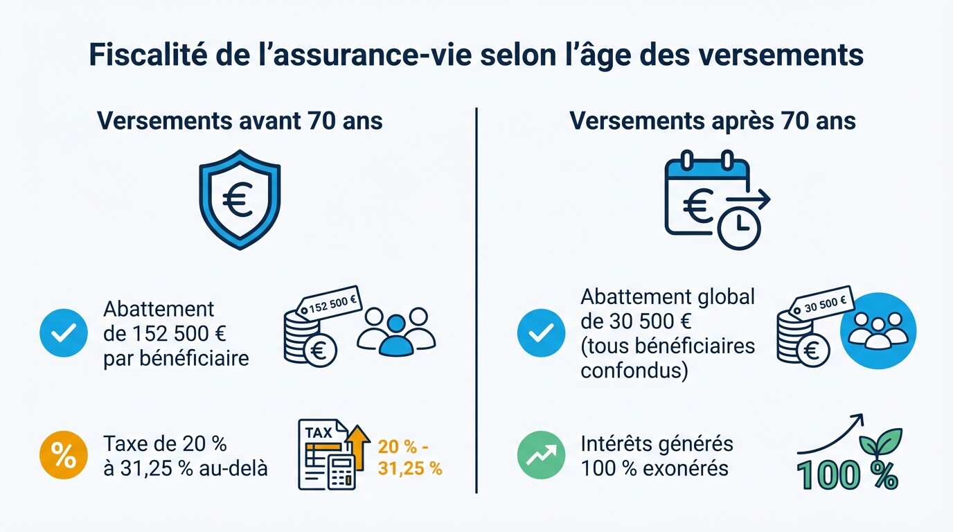 Tableau comparatif de la fiscalité de l'assurance-vie pour les versements réalisés avant et après 70 ans