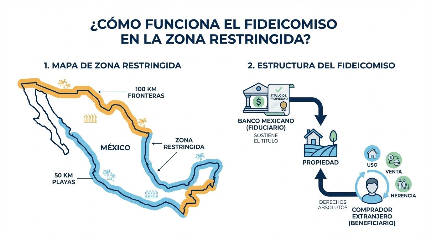 Diagrama de la Zona Restringida en México y estructura legal del Fideicomiso bancario