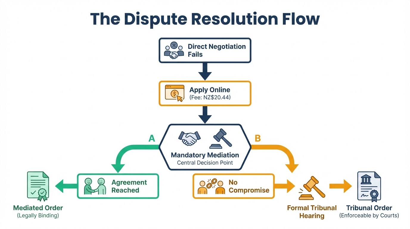 Flowchart diagram of the Tenancy Tribunal dispute resolution process from application to final order