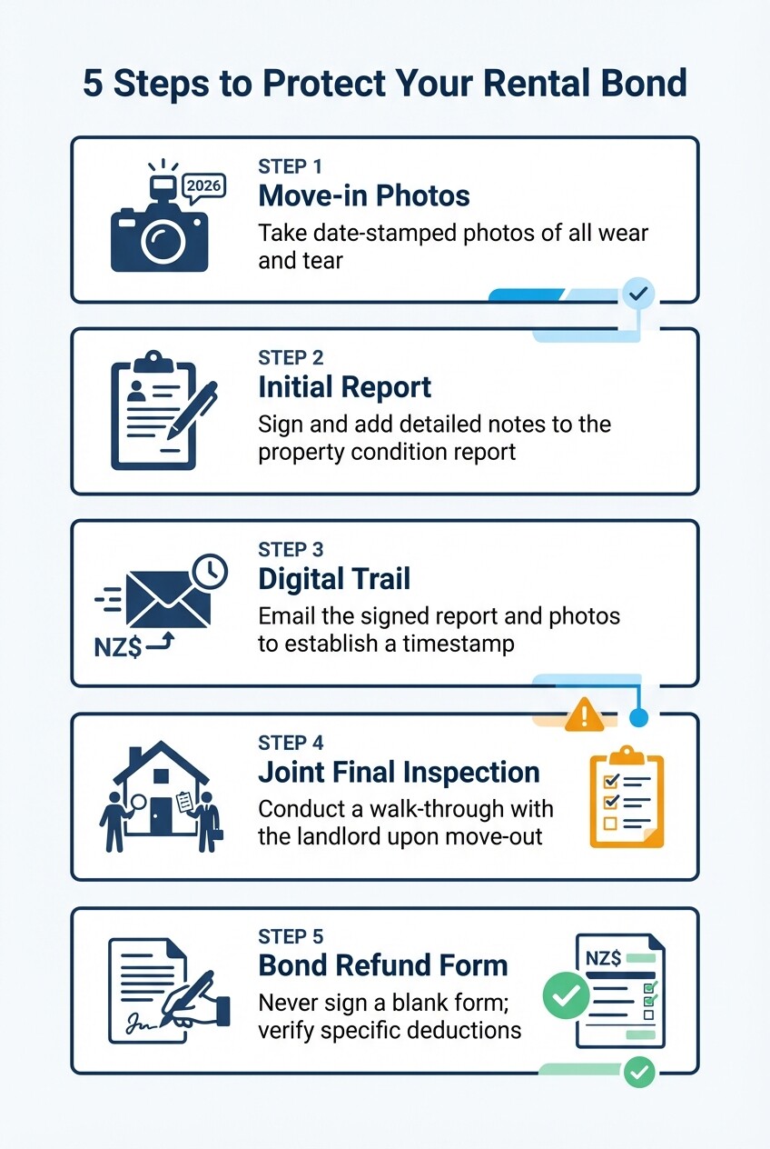 5-step infographic showing how to document property conditions to protect a rental bond in New Zealand
