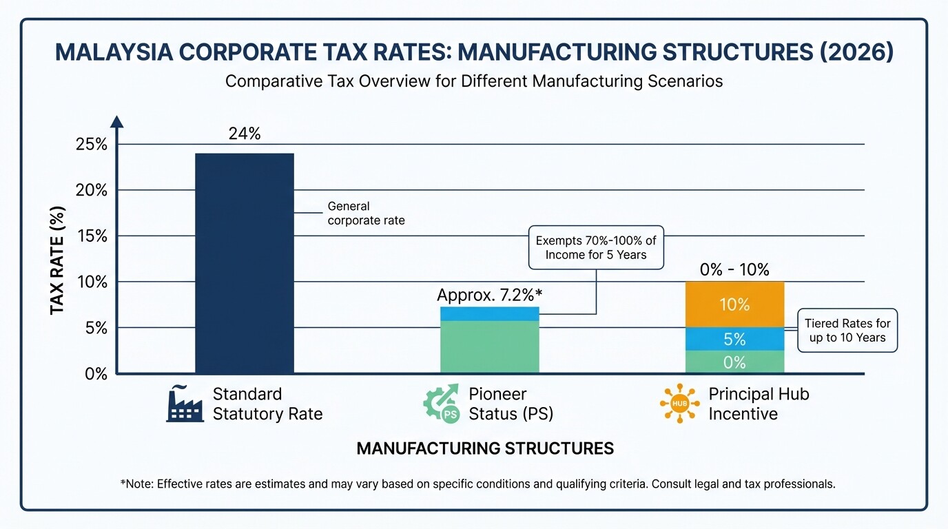 Bar chart comparing standard corporate tax, Pioneer Status, and Principal Hub tax rates in Malaysia