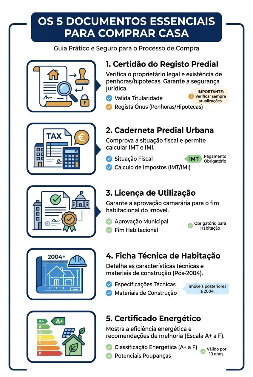 Infografia com os 5 documentos legais obrigatórios para a compra segura de um imóvel em Portugal