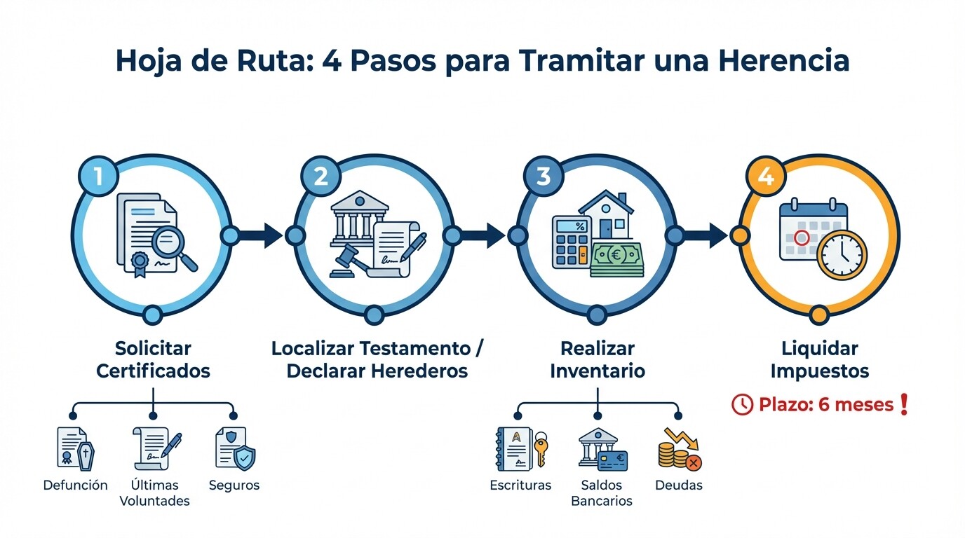Línea de tiempo con los 4 pasos clave para tramitar una herencia y liquidar impuestos