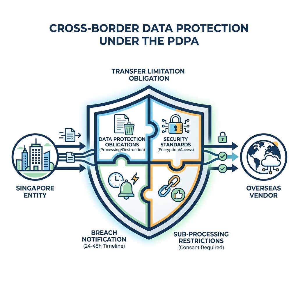 Diagram showing the four mandatory PDPA data transfer requirements between a Singapore entity and an overseas vendor