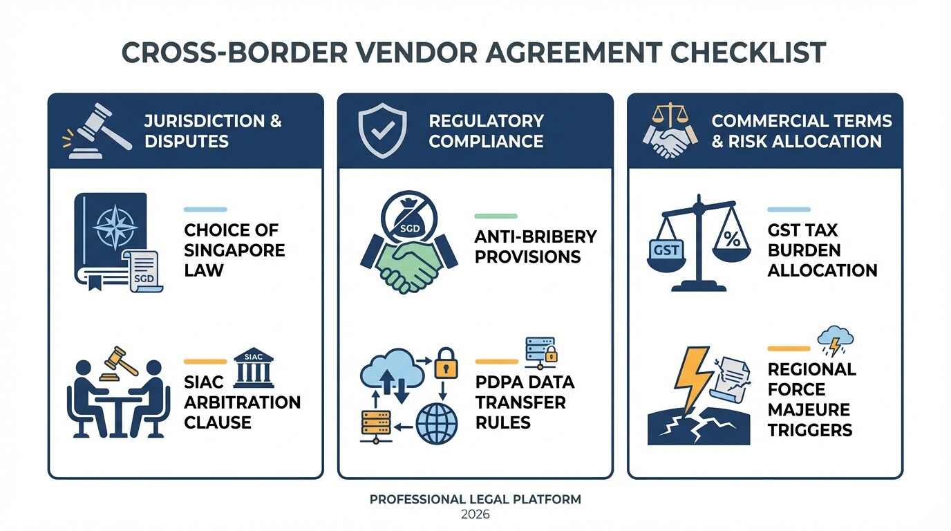 Checklist summarizing jurisdiction, compliance, and commercial requirements for Singapore vendor agreements