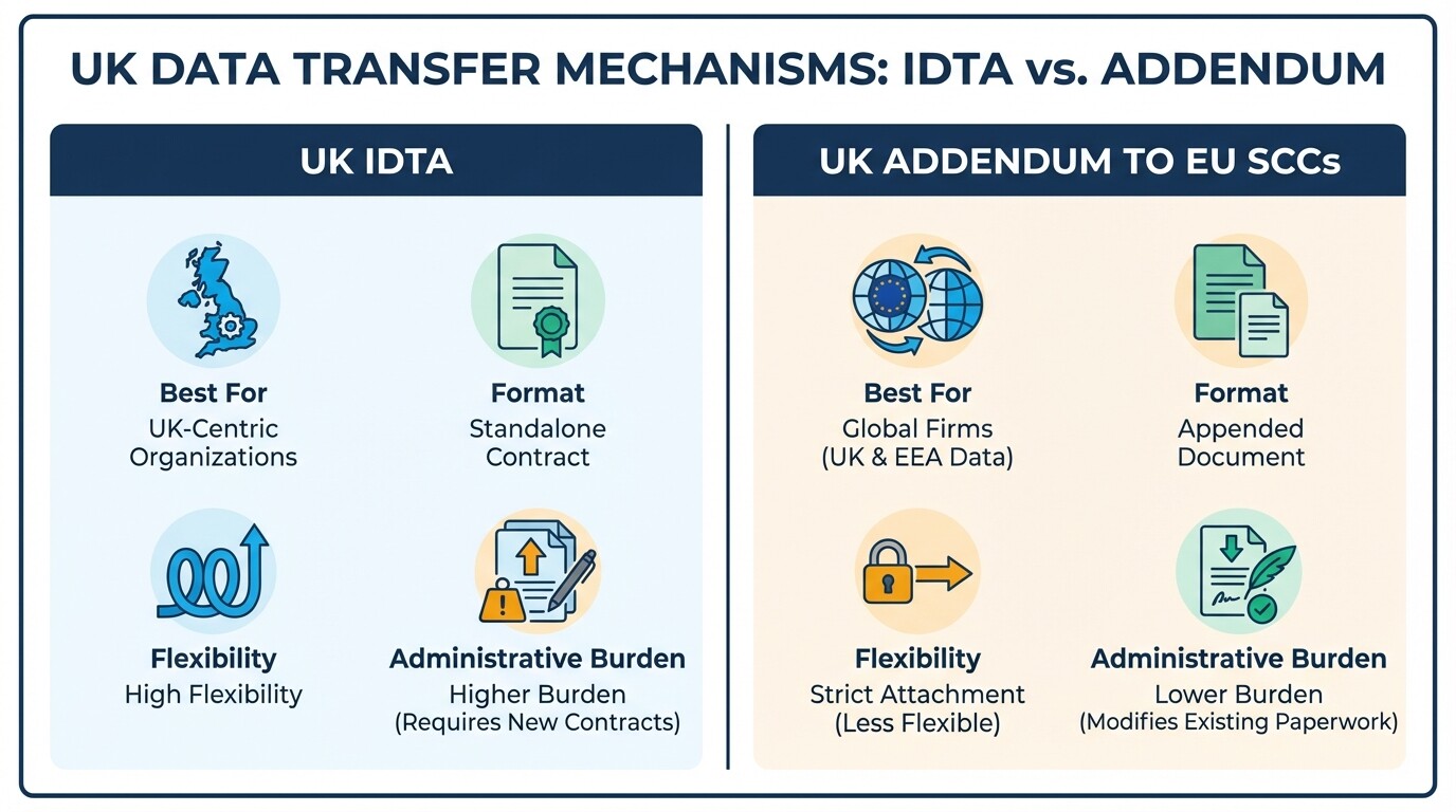 Comparison chart outlining the differences between the UK IDTA and the UK Addendum to EU SCCs