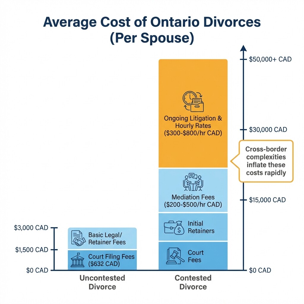 Stacked bar chart comparing the $1,500-$3,000 cost of uncontested divorces to the $15,000+ cost of contested divorces in Ontario.
