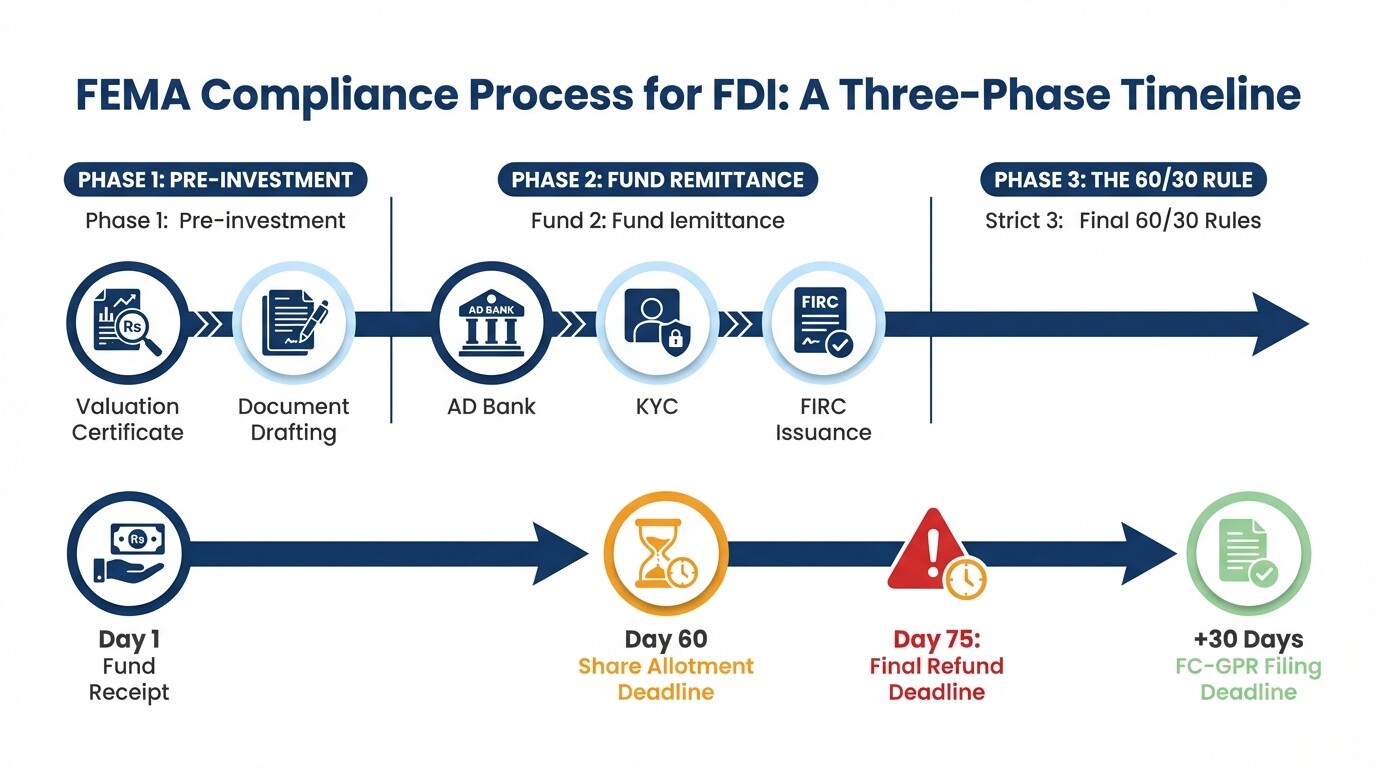 FEMA compliance 3-phase timeline covering pre-investment, fund remittance, and share allotment rules