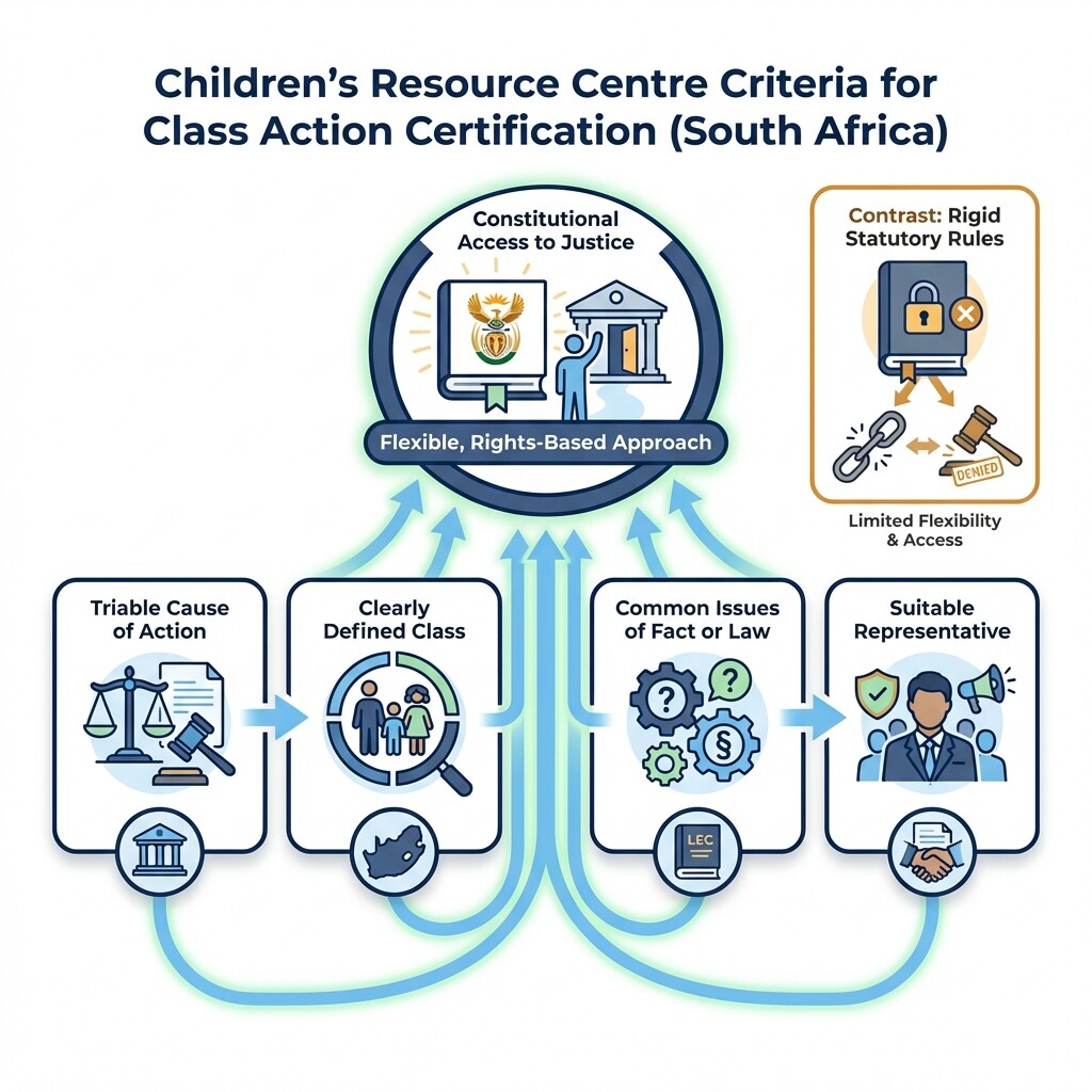 Diagram showing the four common law criteria for certifying a class action in South Africa