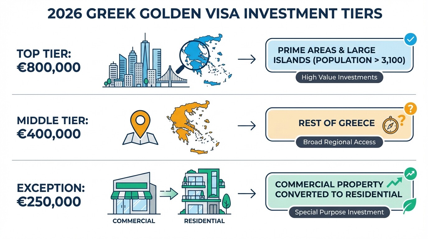 2026 Greek Golden Visa investment thresholds and conversion exception