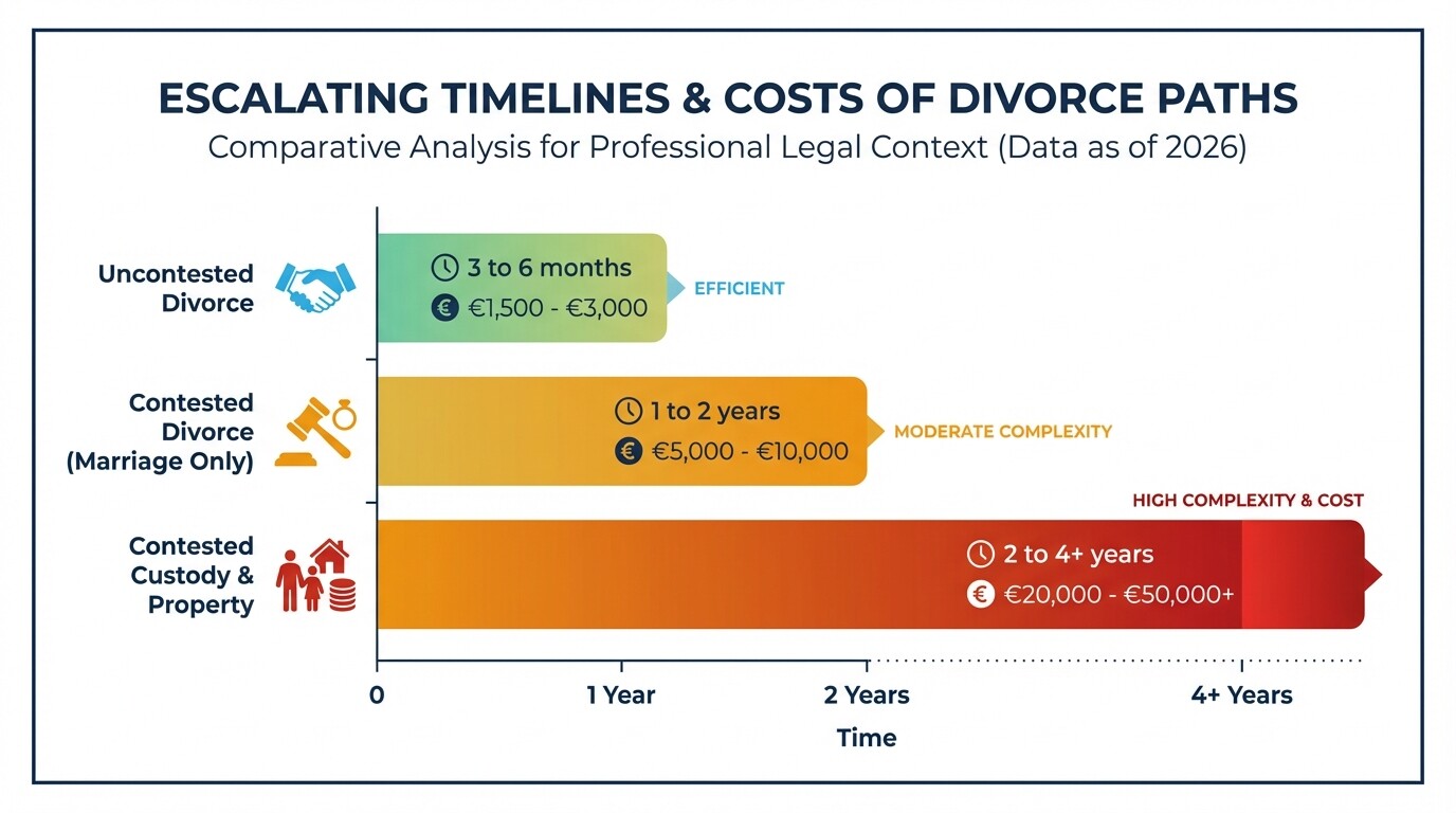 Bar chart comparing time and financial costs of contested versus uncontested divorces