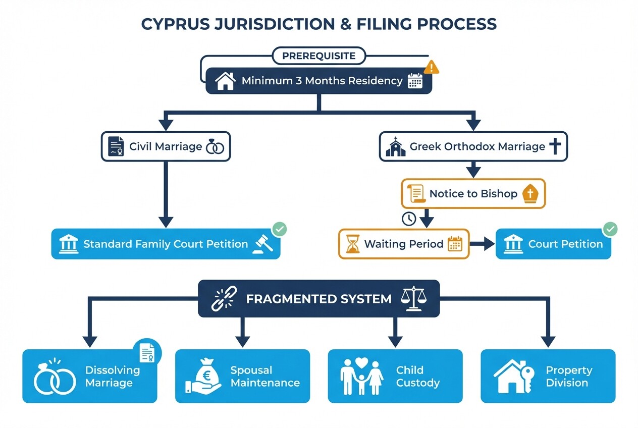 Flowchart showing Cyprus divorce jurisdiction paths and fragmented legal applications