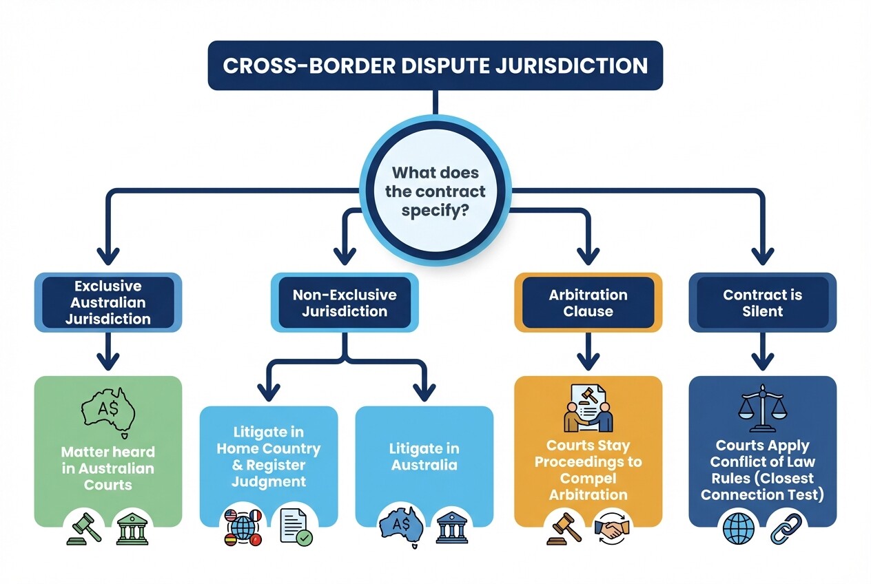 Flowchart determining jurisdiction and governing law in cross border contracts