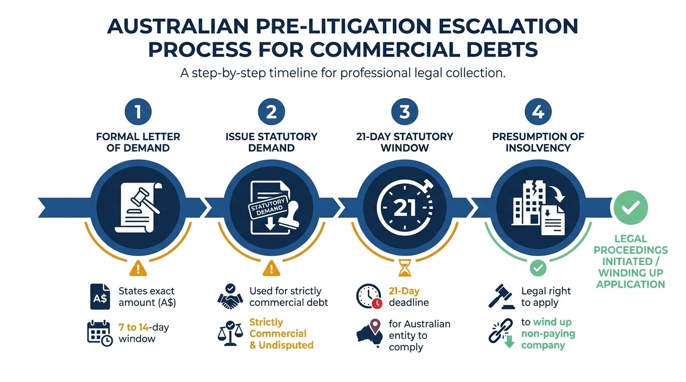 Timeline of pre-litigation steps from letter of demand to presumption of insolvency