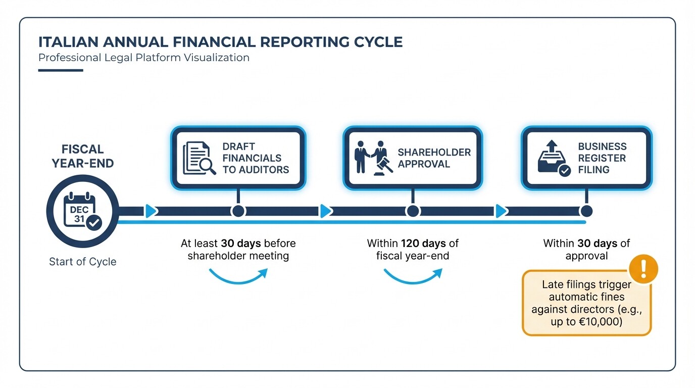 Timeline diagram showing Italian annual financial reporting and filing deadlines