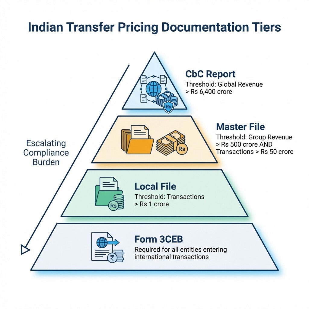 Pyramid infographic showing Indian transfer pricing documentation tiers and financial thresholds