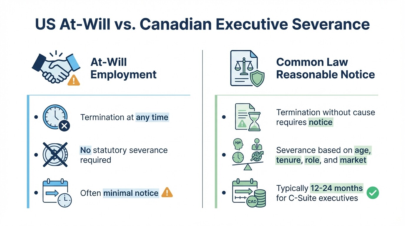 Comparison chart showing US at-will employment versus Canadian common law severance rules