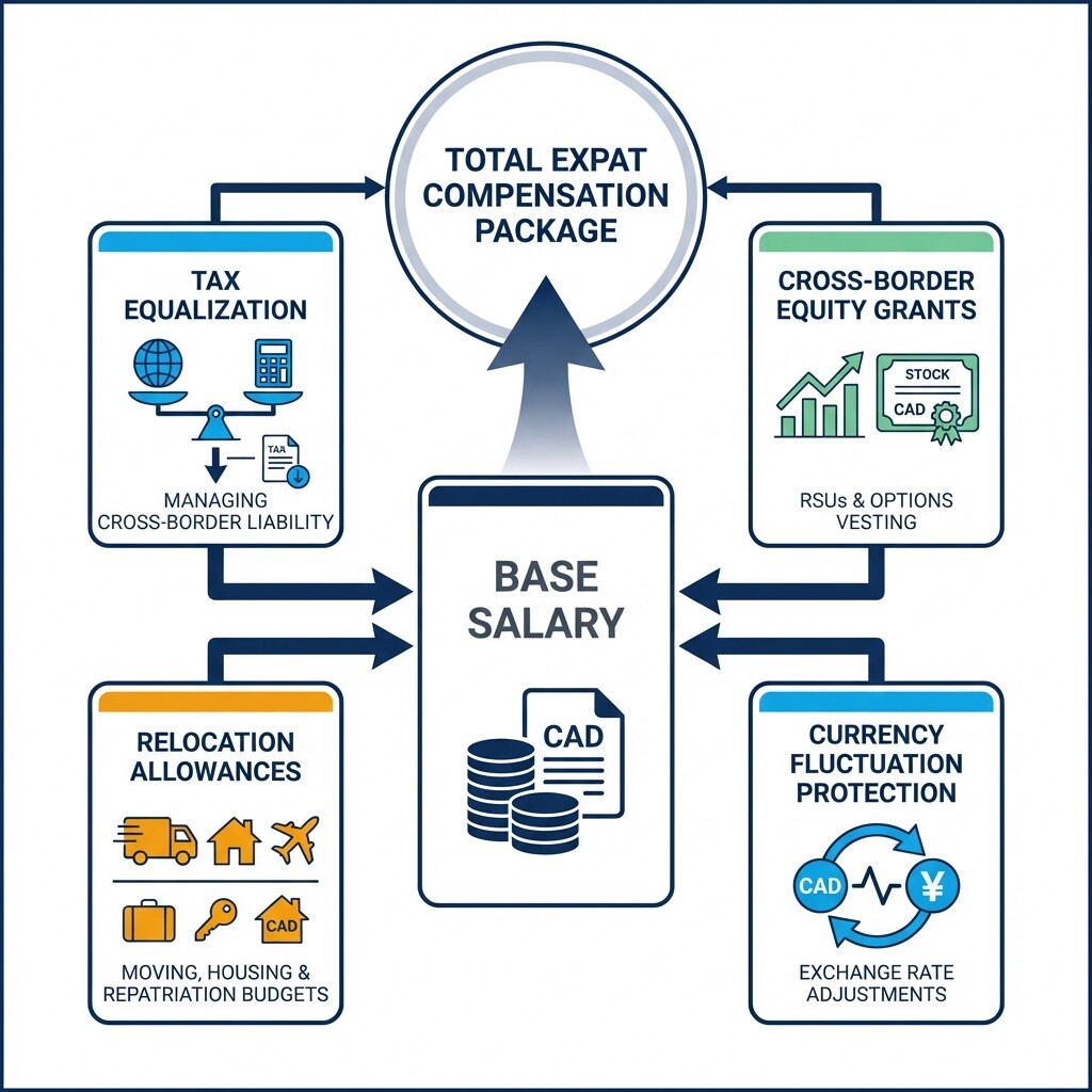 Diagram showing the core components of an expat executive compensation package beyond base salary