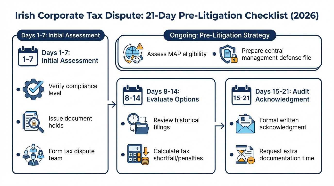 21-day pre-litigation timeline checklist for responding to Irish corporate tax residency disputes