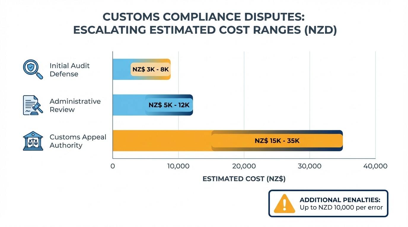 Bar chart showing legal cost estimates for New Zealand customs audits and appeals