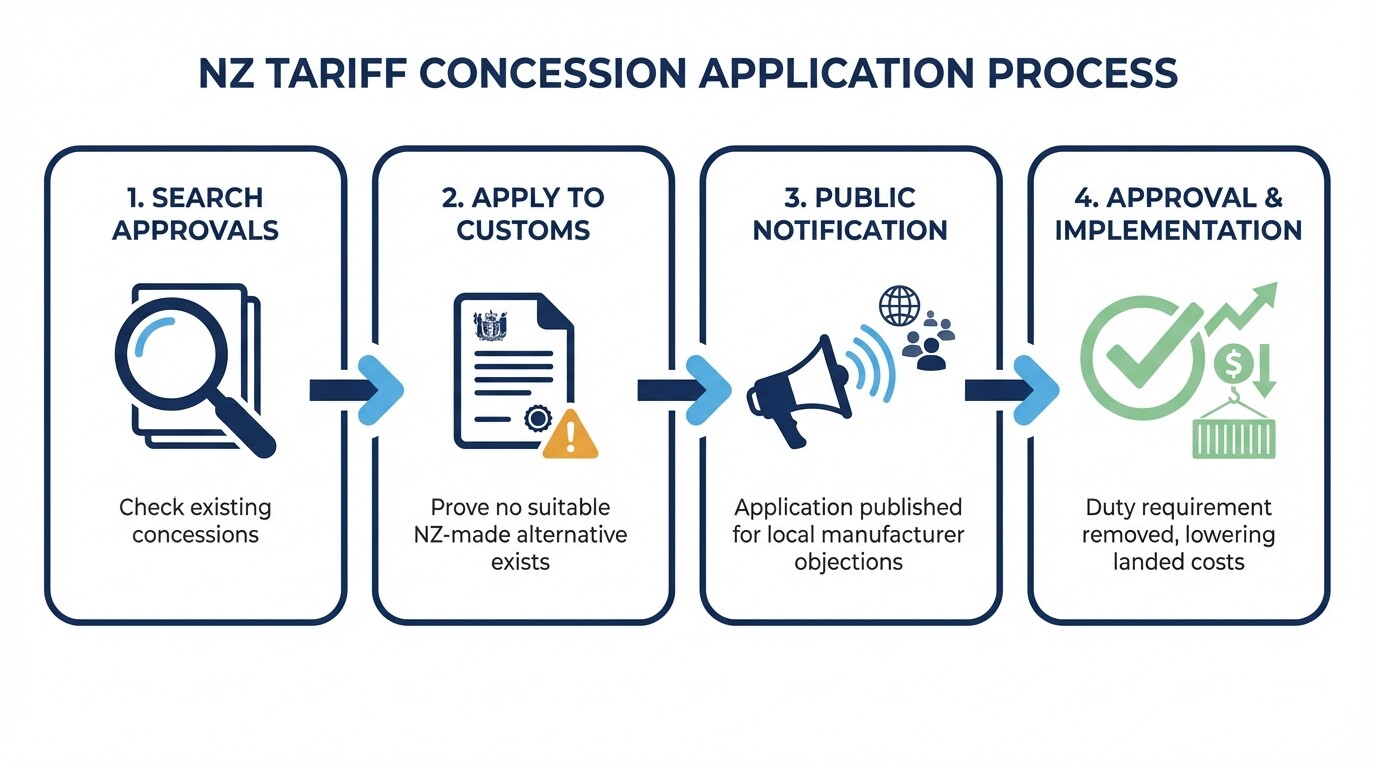Step-by-step infographic showing the New Zealand Tariff Concession application process