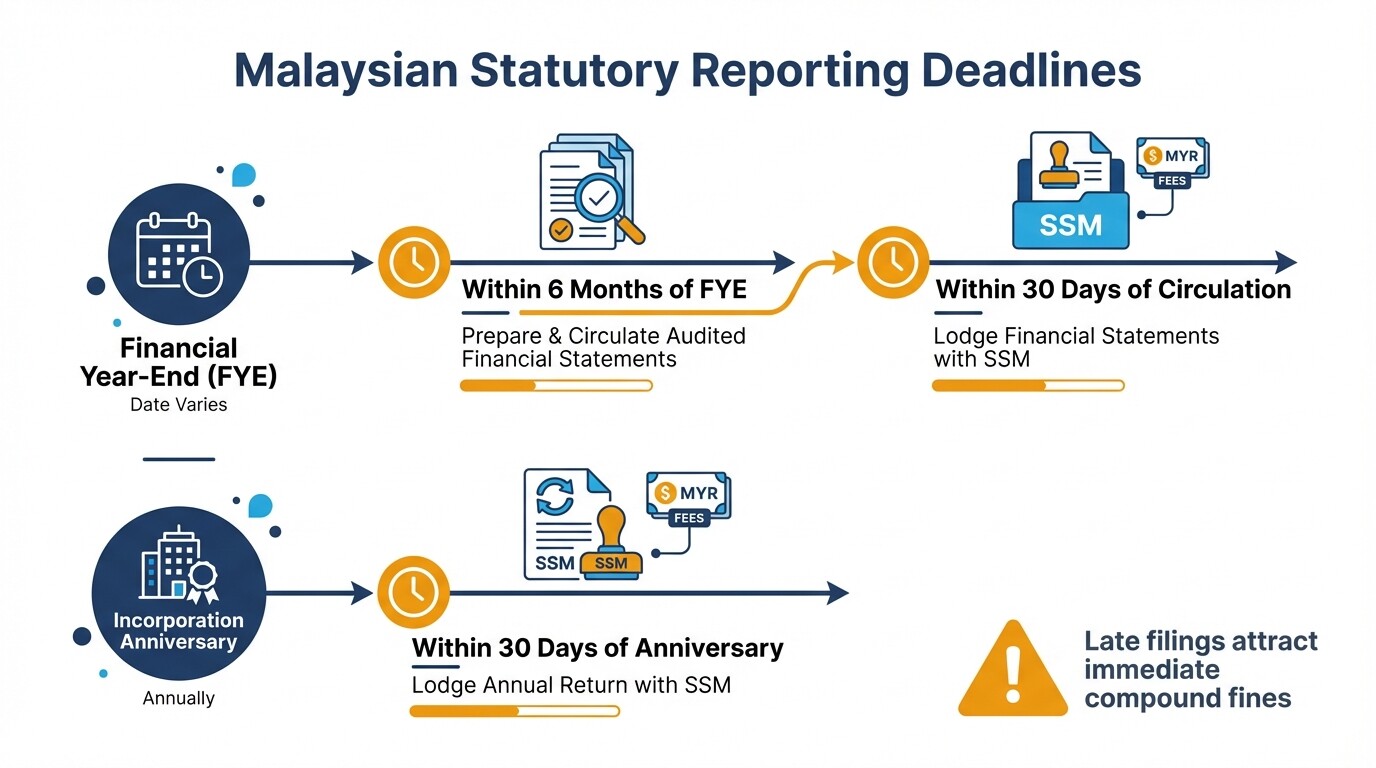 Timeline of statutory reporting and filing deadlines for Malaysian subsidiaries to the SSM