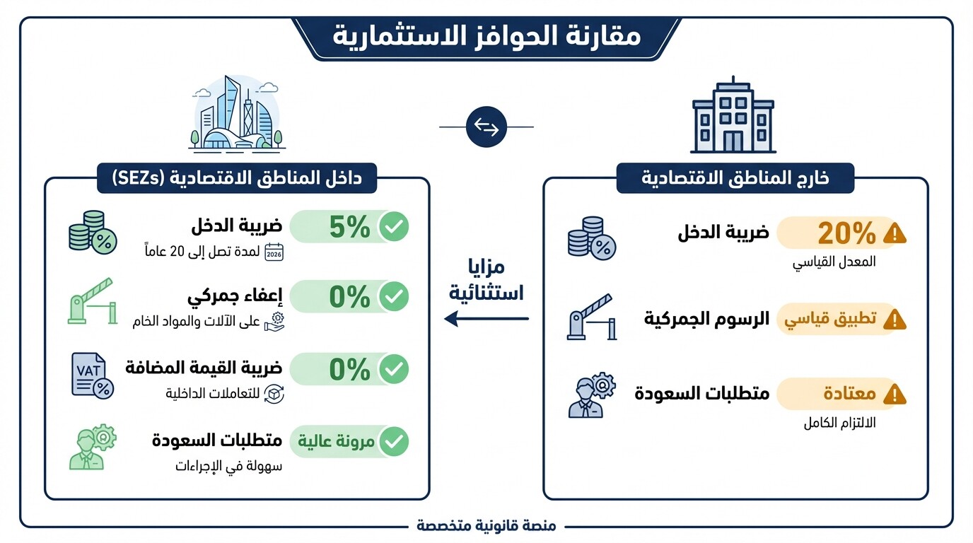 مقارنة الحوافز الضريبية والجمركية داخل وخارج المناطق الاقتصادية الخاصة في السعودية