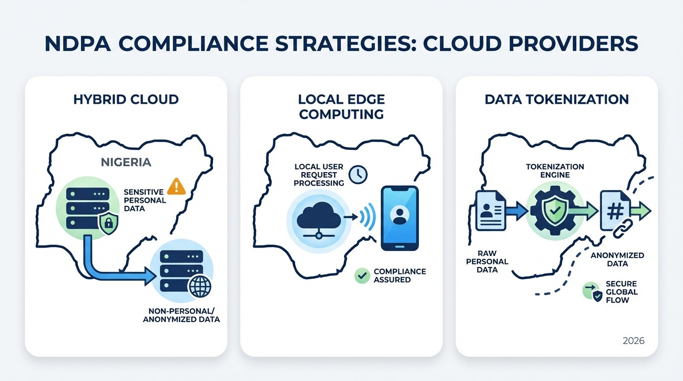 Diagram illustrating hybrid cloud, local edge, and tokenization data localization strategies in Nigeria