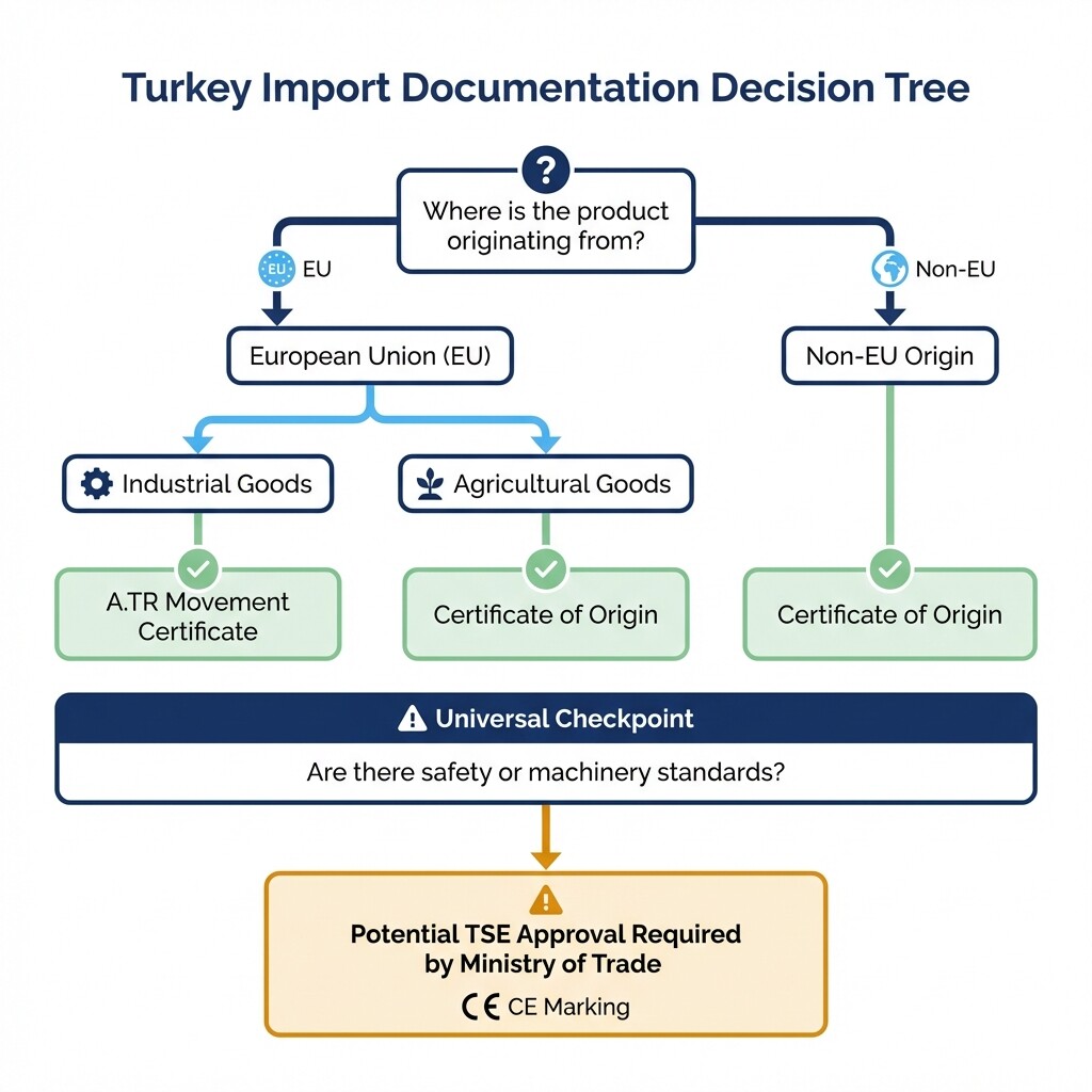 Flowchart diagram showing Turkey import documentation requirements based on product origin and type