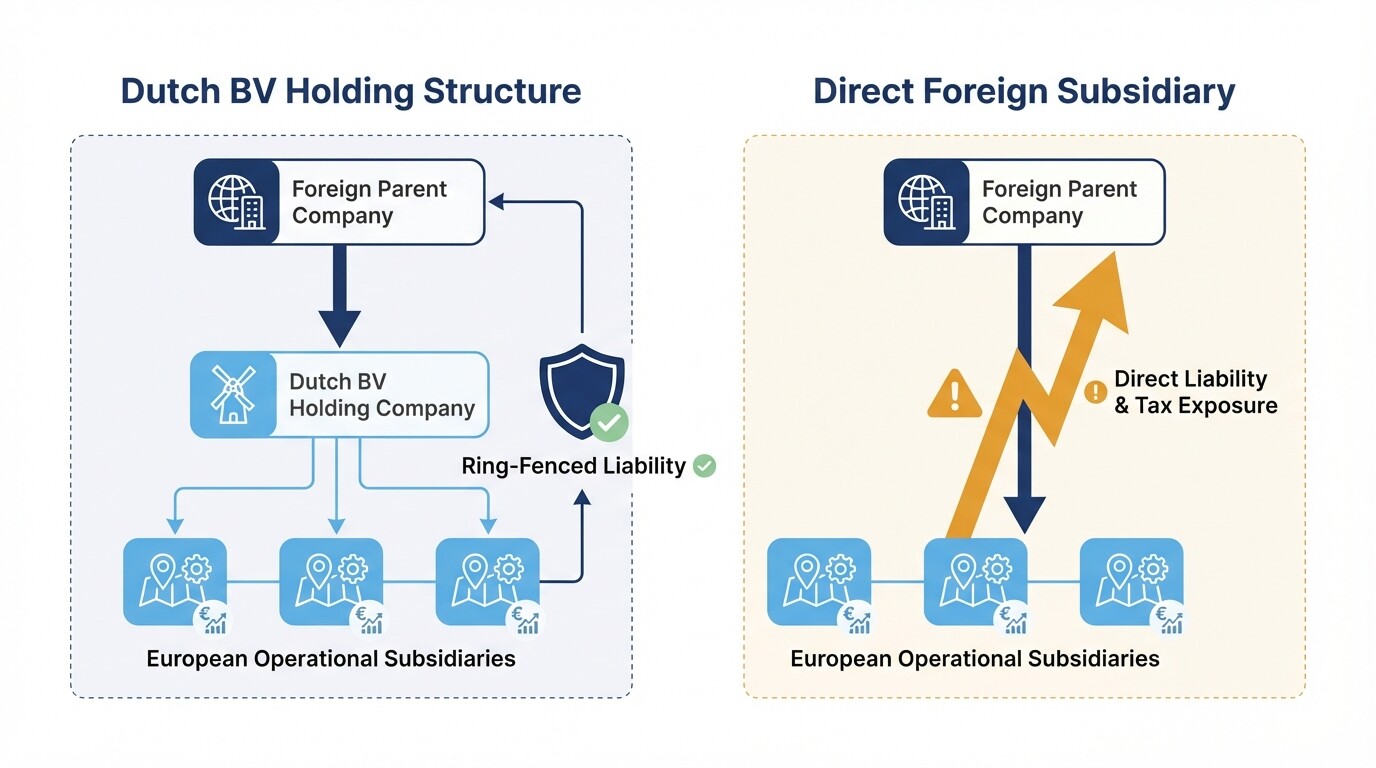 Organizational chart comparing a Dutch BV holding structure against a direct foreign subsidiary setup