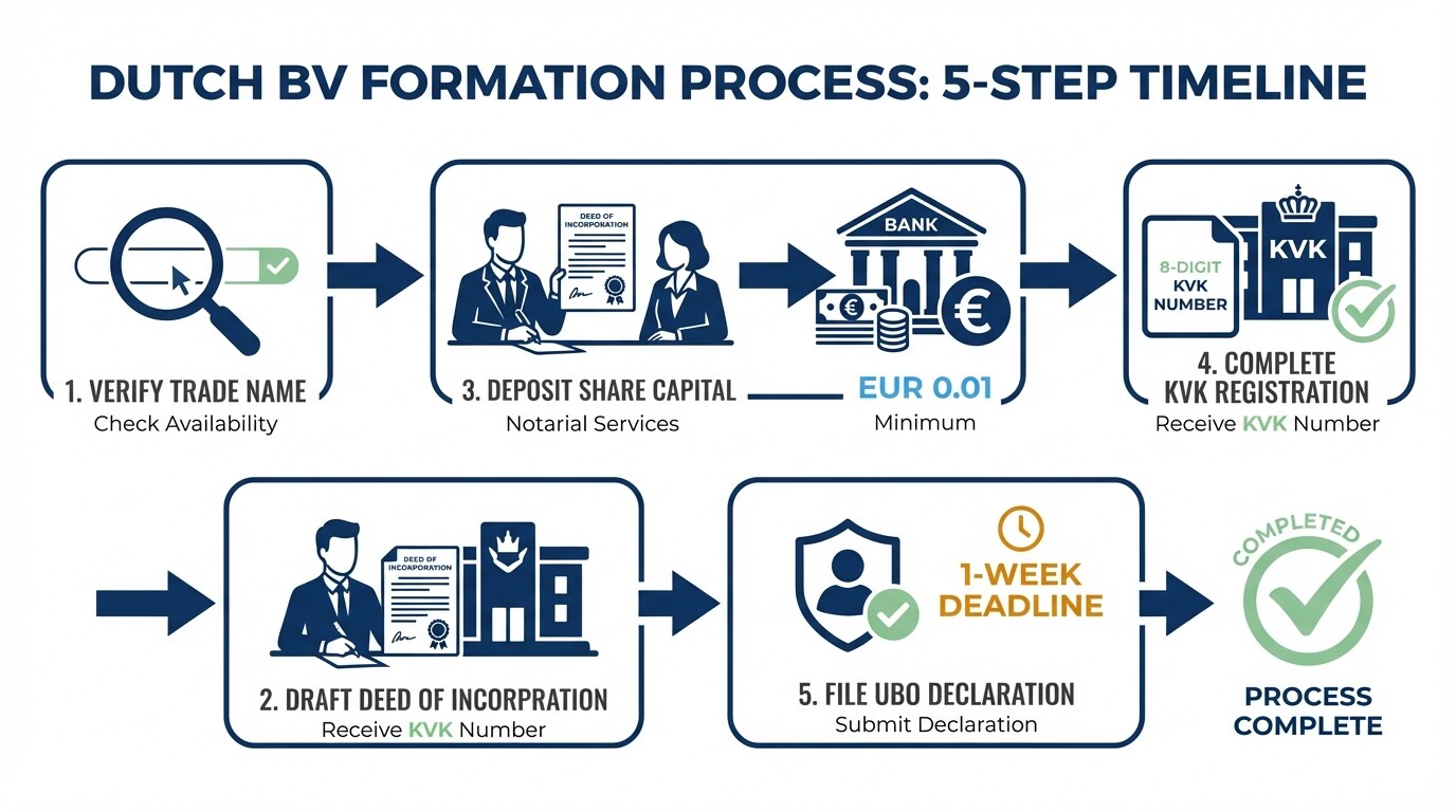 5-step timeline for incorporating a Dutch BV and registering with the KVK and UBO