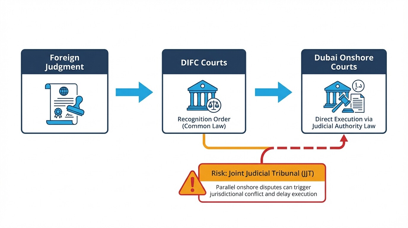 Flowchart showing the DIFC Courts conduit jurisdiction strategy for foreign judgments