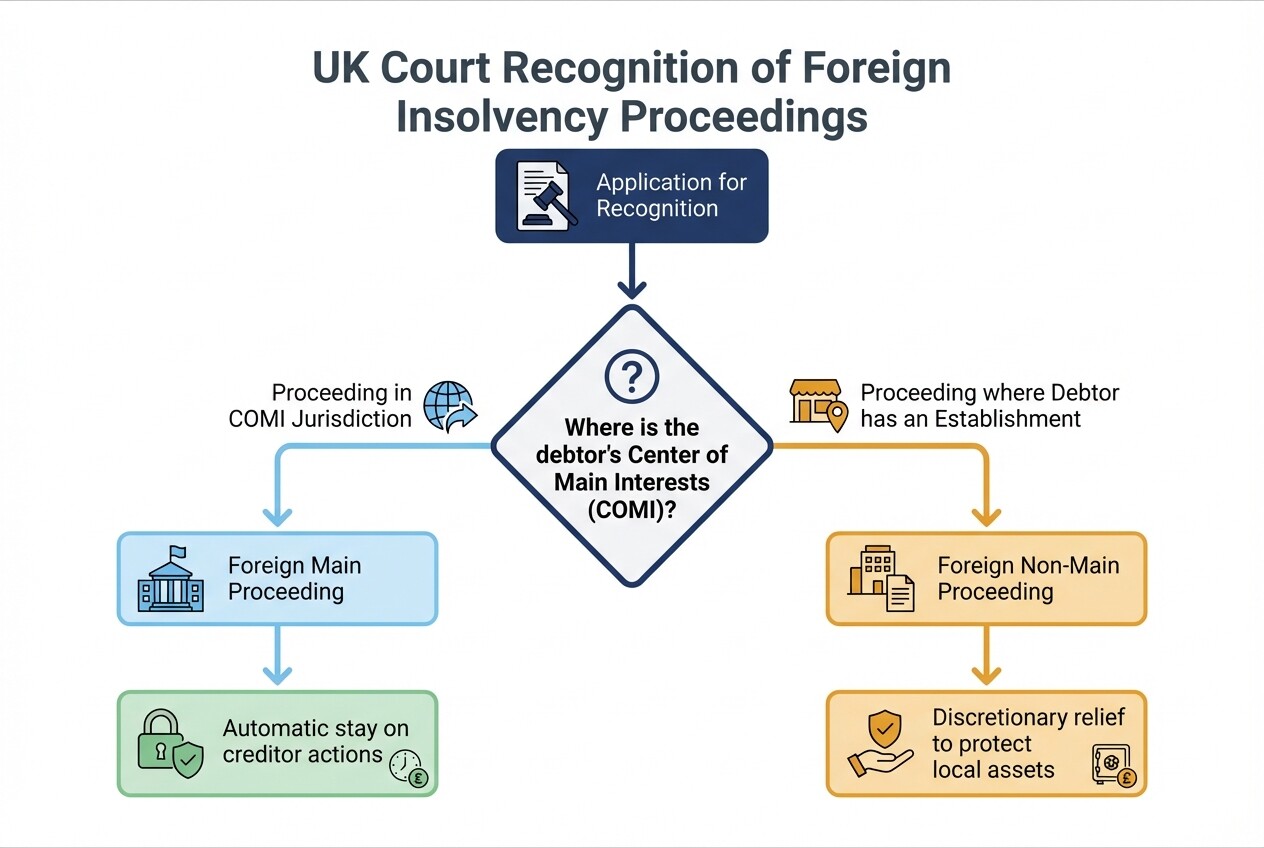 Flowchart detailing how UK courts recognize foreign insolvency proceedings based on COMI