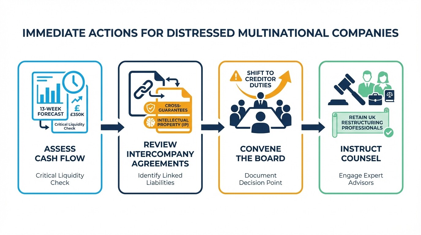 Four step action plan timeline for multinational companies facing cross-border distress