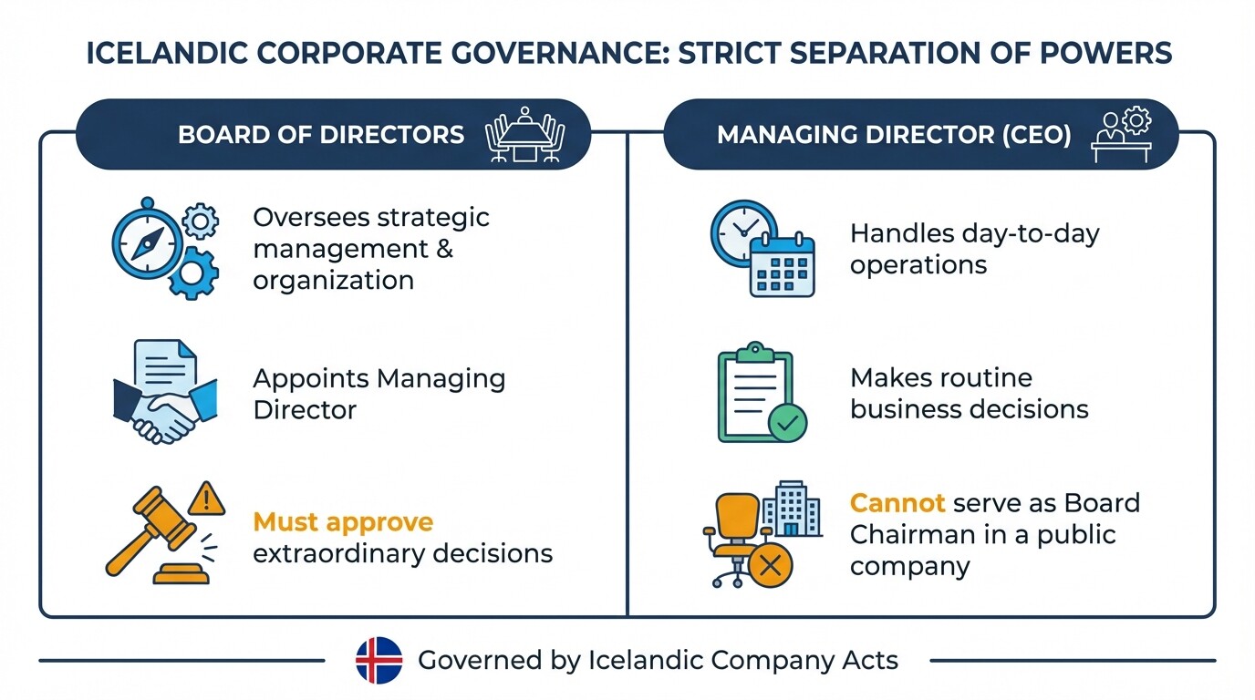 Comparison of roles and responsibilities between the Board of Directors and Managing Director in Iceland