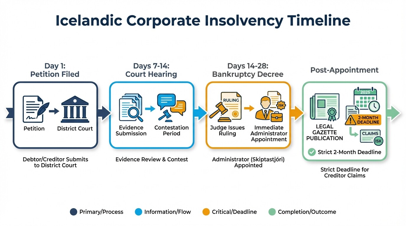 Timeline of the Icelandic corporate insolvency process from the initial petition filing to the deadline for creditor claims