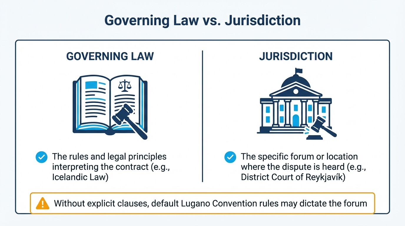 Comparison of governing law versus jurisdiction in commercial contracts